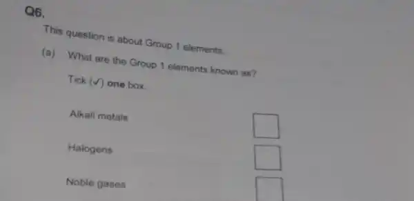 Q6.
This question is about Group 1 elements.
(a) What are the Group 1 elements known as?
Tick (surd ) one box.
Alkali metals
square 
Halogens
square 
Noble gases
square