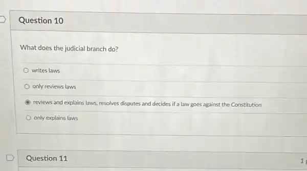 Question 10
What does the judicial branch do?
writes laws
only reviews laws
reviews and explains laws resolves disputes and decides if a law goes against the Constitution
only explains laws
Question 11
1