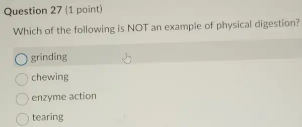 Question 27 (1 point)
Which of the following is NOT an example of physical digestion?
grinding
chewing
enzyme action
tearing