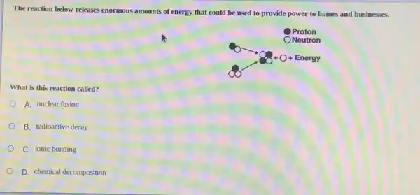 The reaction below releases enormous amounts of energy that could be used to provide power to homes and businesses.
Proton
Neutron
+ Energy
What is this reaction called?
A. nuclear fusion
B. radioactive decay
C. ionic bonding
D. chemical decomposition