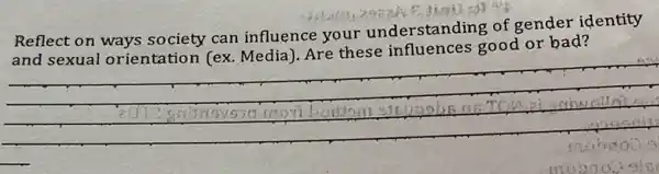 Reflect on ways society can influence your understanding of gender identity
good or bad'
__
