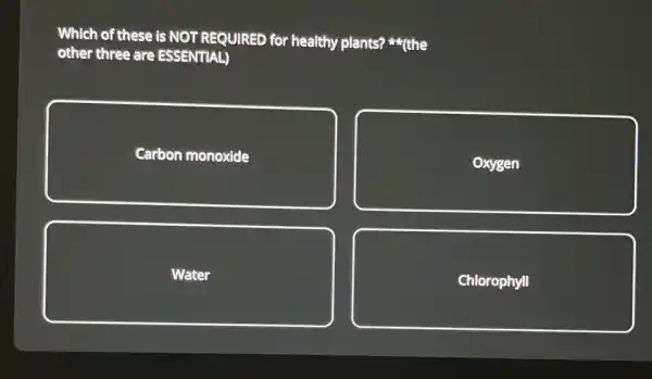 Which of these is NOT REQUIRED for healthy plants?
other three are ESSENTIAL)
Carbon monoxide
Oxygen
Water
Chlorophyll