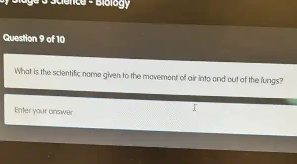 saeness
Question 9 of 10
What is the scientific name given to the movement of air into and out of the lungs?
Enter your answer