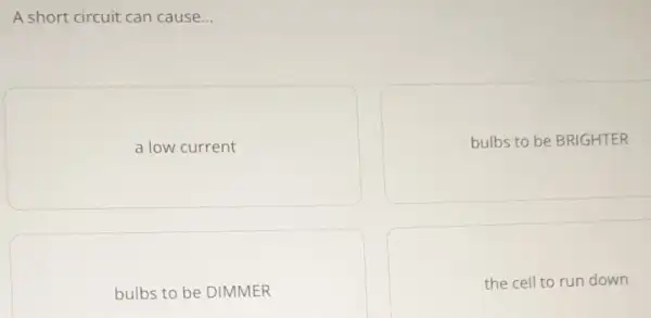 A short circuit can cause __
a low current
bulbs to be BRIGHTER
bulbs to be DIMMER
the cell to run down