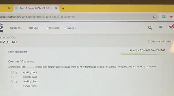 Show instructions
Question 22 (5 points)
Members of the __ usually lack employable skills and work for minimum wage. They often bounce from job to job and work multiple jobs
a working poor
b poverty class
c working class
d middle class