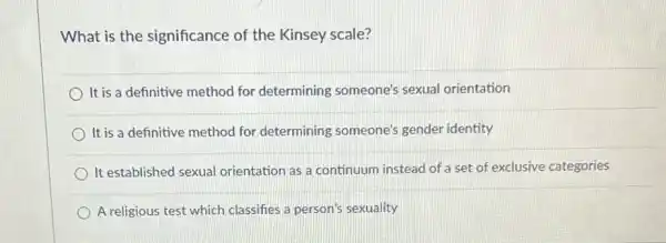 What is the significance of the Kinsey scale?
It is a definitive method for determining someone's sexual orientation
It is a definitive method for determining someone's gender identity
It established sexual orientation as a continuum instead of a set of exclusive categories
A religious test which classifies a person's sexuality