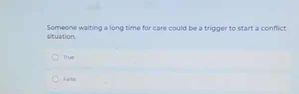 Someone waiting a long time for care could be a trigger to start a conflict
situation.
True
False