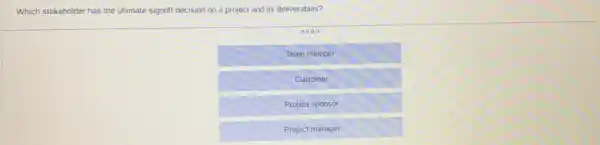 Which stakeholder has the ultimate signoff decision on a project and its deliverables?
0000
Team member
Customer
Project sponsor
Project manager