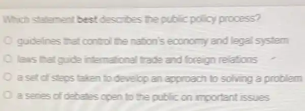 Which statement best describes the public policy process?
guidelines that control the nation's economy and legal system
laws that guide international trade and foreign relations
a set of steps taken to develop an approach to solving a problem
a series of debates open to the public on important issues