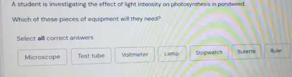 A student is investigating the effect of light intensity on photosynthesis in pondweed.
Which of these pieces of equipment will they need?
Select all correct answers
Microscope
Test tube
Voltmeter
Lamp
Stopwatch
Burette
Ruler