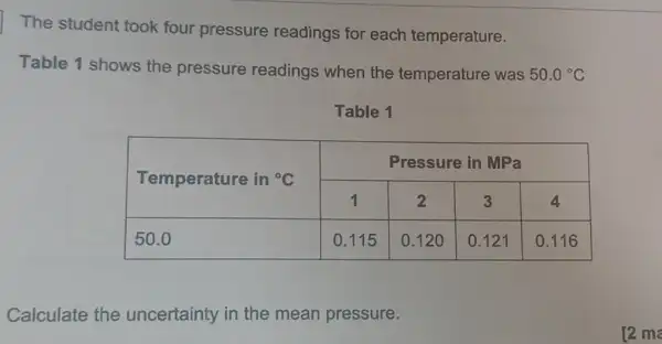 The student took four pressure readings for each temperature.
Table 1 shows the pressure readings when the temperature was 50.0^circ C
Table 1
Calculate the uncertainty in the mean pressure.
[2 ma