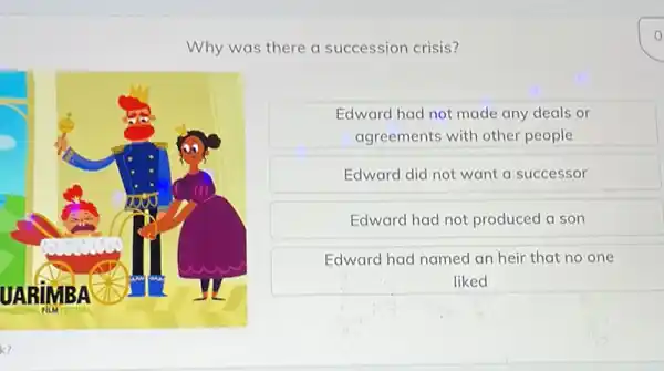 Why was there a succession crisis?
Edward had not made any deals or
agreements with other people
Edward did not want a successor
Edward had not produced a son
Edward had named an heir that no one
liked
k?