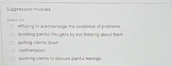 Suppression involves
Select one
refusing to acknowledge the existence of problems
avoiding painful thoughts by not thinking about them
putting clients down
confrontation
pushing clients to discuss painful feelings