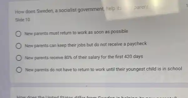 How does Sweden, a socialist government help its
parents
Slide 10
New parents must return to work as soon as possible
New parents can keep their jobs but do not receive a paycheck
New parents receive 80%  of their salary for the first 420 days
New parents do not have to return to work until their youngest child is in school