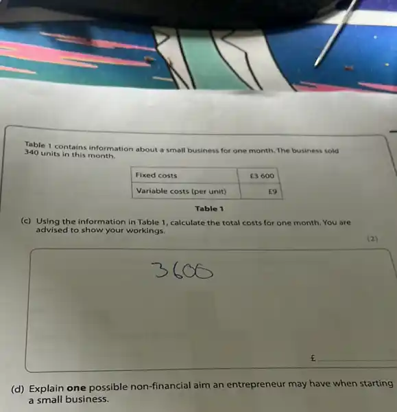 Table 1 contains information about a small business for one month. The business sold
340 units in this month.
Table 1
(c) Using the information in Table 1, calculate the total costs for one month. You are
advised to show your workings.
square 
(d) Explain one possible non-financial aim an entrepreneur may have when starting
a small business.