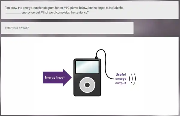 Tan drew the energy transfer diagram for an MP3 player below, but he forgot to include the
__ energy output. What word completes the sentence?
Enter your answer
Energy input