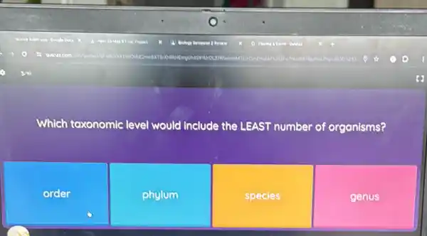 Which taxonomic level would include the LEAST number of organisms?
order
phylum
species
genus