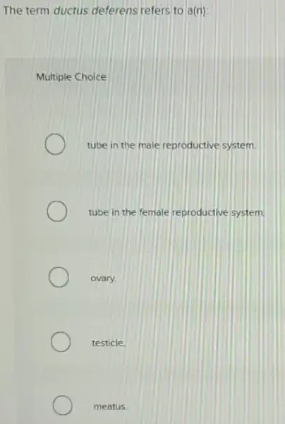 The term ductus deferens refers to a(n):
Multiple Choice
tube in the male reproductive system.
tube in the female reproductive system
ovary.
testicle.
meatus.