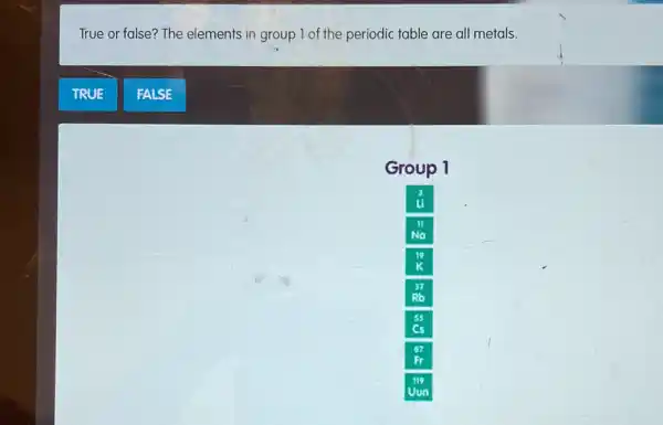 True or false? The elements in group 1 of the periodic table are all metals.
TRUE
FALSE
Group 1

 3 
 11 
 No 
 19 
 mathrm(K) 
 37 
 mathrm(Rb) 
 55 
 Cs 
 67 
 Fr 
 119 
 mathrm(Un)