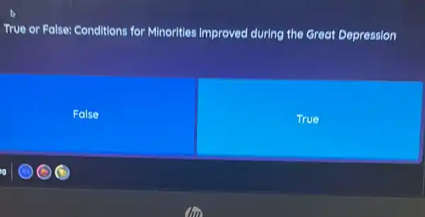 True or False:Conditions for Minoritles Improved during the Great Depression
False
True