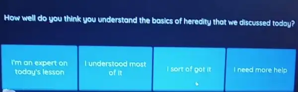 How well do you think you understand the basics of heredity that we discussed today?
I'm an expertion
today's lesson
I understood most
of it
Isontof got it
I need more help