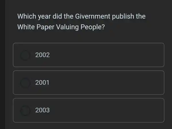 Which year did the Givernment publish the
White Paper Valuing People?
2002
2001
2003