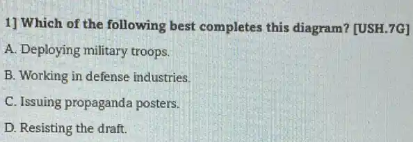 1] Which of the following best completes this diagram? [USH.7G]
A. Deploying military troops.
B. Working in defense industries.
C. Issuing propaganda posters.
D. Resisting the draft.