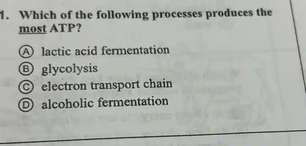 1. Which of the following processes produces the
most ATP?
A lactic acid fermentation
B glycolysis
C electron transport chain
D alcoholic fermentation