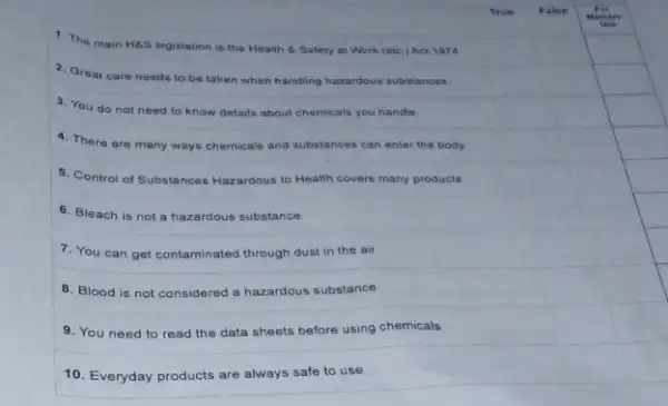 1. The main H85 legislation is the Health 4 Safety at Work (eic) Act 1974
square 
square 
2. Great care needs to be taken when handling hazardous substances.
square 
square 
3. You do not need to know details about chemicals you handle
square 
square 
4. There are many ways chemicals and substances can enter the body.
square 
square 
square 
5. Control of Substances Hazardous to Health covers many products
square 
square 
square 
6. Bleach is not a hazardous substance
square 
square 
square 
7. You can get contaminated through dust in the air
square 
square 
square 
8. Blood is not considered a hazardous substance.
square 
square 
square 
9. You need to read the data sheets before using chemicals
square 
10. Everyday products are always safe to use.
square