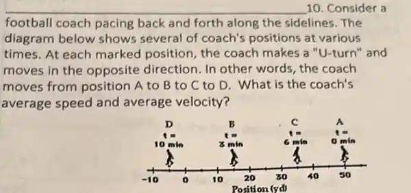 10. Consider a
football coach pacing back and forth along the sidelines. The
diagram below shows several of coach's positions at various
times. At each marked position, the coach makes a "U-turn" and
moves in the opposite direction. In other words, the coach
moves from position A to B to C to D. What is the coach's
average speed and average velocity?