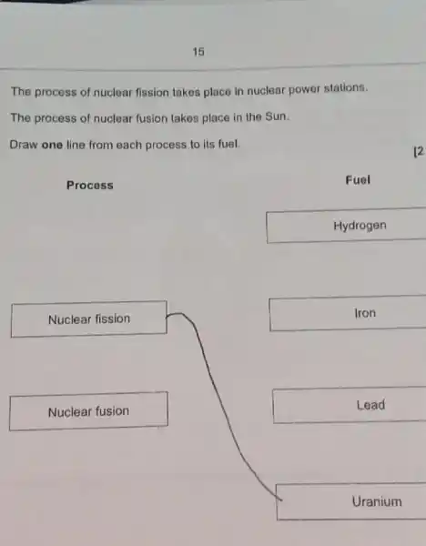 15
The process of nuclear fission takes place in nuclear power stations.
The process of nuclear fusion takes place in the Sun.
Draw one line from each process to its fuel.
[2
Process
Fuel
Hydrogen
Nuclear fission
Iron
Nuclear fusion
Lead
Uranium