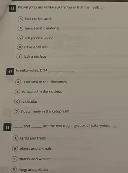 16 Prokaryotes are unlike eukaryotes in that their cells
__
A lack nucleic acids
B have genetic material
C are globe-shaped
D have a cell wall
E lack a nucleus
17 In eukaryotes, DNA
__
A is located in the ribosomes
B is located in the nucleus
C is circular
D floats freely in the cytoplasm
18 __ and __ are the two major groups of eukaryotes.
A ferns and trees
B plants and animals
C sharks and whales
D fungi and protists