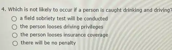 4. Which is not likely to occur if a person is caught drinking and driving?
a field sobriety test will be conducted
the person looses driving privileges
the person looses insurance coverage
there will be no penalty