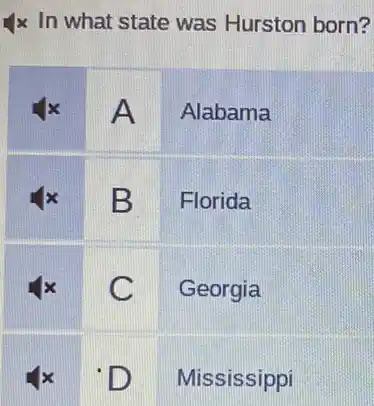 4x In what state was Hurston born?
A
Alabama
B
Florida
C
Georgia
D
Mississippi