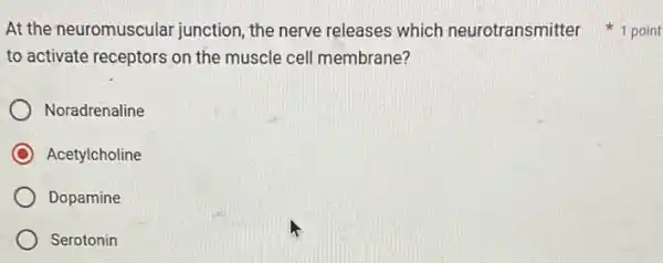 to activate receptors on the muscle cell membrane?
Noradrenaline
Acetylcholine
Dopamine
Serotonin
At the neuromuscular junction, the nerve releases which neurotransmitter point