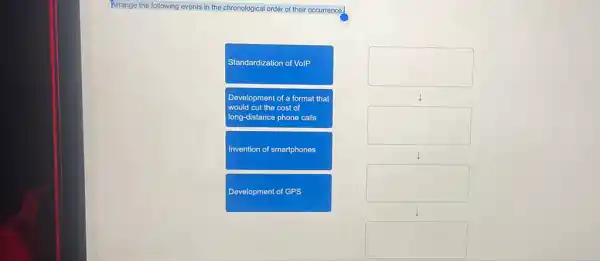 Arrange the following events in the chronological order of their occurrence.
Standardization of VolP
Development of a format that
would cut the cost of
long-distance phone calls
square 
1
square 
1
square 
1
square 
Invention of smartphones
Development of GPS