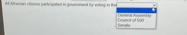 All Athenian citizens participated in government by voting in the
square  General Assembly
Council of 500