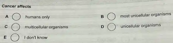 Cancer affects
A	humans only
B
most unicellular organisms
C	multicellular organisms
D	unicellular organisms
E	I don't know