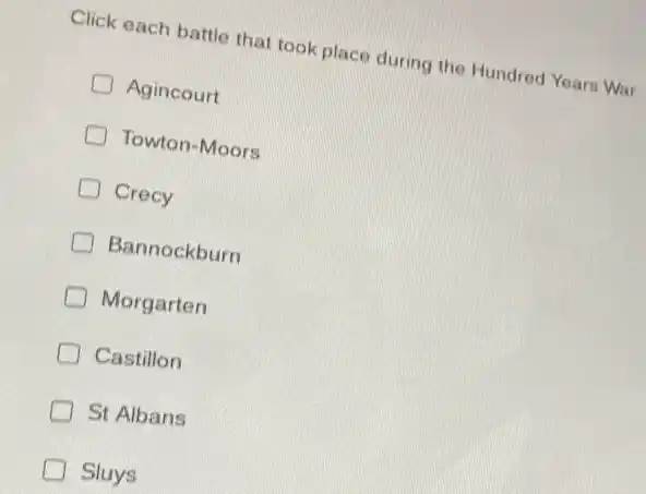 Click each battle that took place during the Hundred Years War.
D Agincourt
D Towton-Moors
D Crecy
D Bannockburn
D Morgarten
D Castillon
St Albans
Sluys