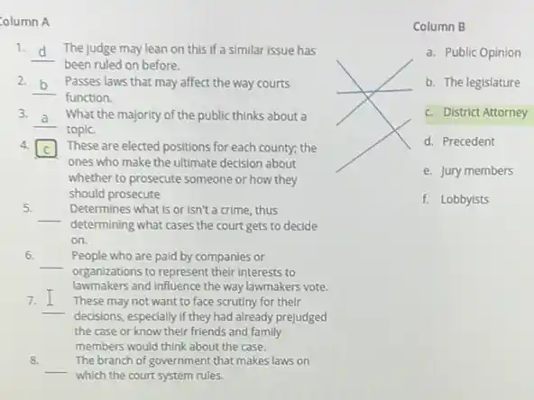 Column A
1.
__ The judge may lean on this if a similar issue has
been ruled on before.
2.
__ Passes laws that may affect the way courts
function.
3.
__ What the majority of the public thinks about a
topic.
4. square  These are elected positions for each county; the
ones who make the ultimate decision about
whether to prosecute someone or how they
should prosecute
5.
__ Determines what is or isn't a crime, thus
determining what cases the court gets to decide
on.
6.
__
People who are paid by companies or
organizations to represent their interests to
lawmakers and influence the way lawmakers vote.
7. __
decisions, especially if they had already prejudged
These may not want to face scrutiny for their
the case or know their friends and family
members would think about the case.
8.
__
which the court system rules.
The branch of government that makes laws on
Column B
a. Public Opinion
b. The legislature
c. District Attorney
d. Precedent
e. Jury members
f. Lobbyists