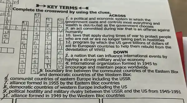 Complete the crossword by using the clues.
ACROSS
1. a political and economic system in which the government owns and controls most everything and wealth is distributed as the government chooses 3. an act committed during war that is an offense agains humanity
10. laws that apply during times of war to protect people who are not or are no longer taking part in hostilities 12. program by which the US gave billions of dollars of aid to European countries to help them rebuild from the devastation of WWII
DOWN
2. a nation that can influence international events by having a strong military and/or economy
4. international organization formed in 1945 to encourage and maintain peace worldwide
6. communist countries of eastern Europe including the USSR
7. alliance formed in 1955 by the Eastern Bloc countries
8. democratic countries of western Europe including the US
9. political hostility and military rivalry between the USSR and the US from 1945-199 11. alliance formed in 1949 by the Western Bloc countries