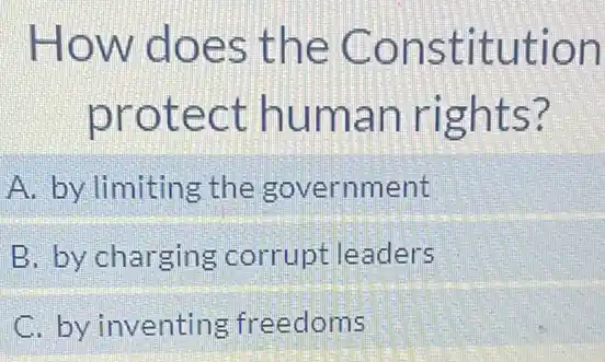 How does the Constitution
protect human rights?
A. by limiting the government
B. by charging corrupt leaders
C. by inventing freedoms