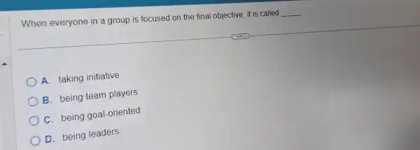 When everyone in a group is focused on the final objective, it is called
x A. taking initiative
B. being team players
C. being goal-oriented
D. being leaders