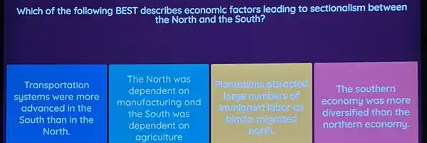 Which of the following BEST describes economic factors leading to sectionalism between
Transportation
systems were more
advanced in the
South than in the
North.
The North was
dependent on
manufacturing and
the South was
dependent on
agriculture
Plantations attracted
large numbers of
immigrant labor as
blacks migrated
north.
The southern
economy was more
diversified than the
northern economy.