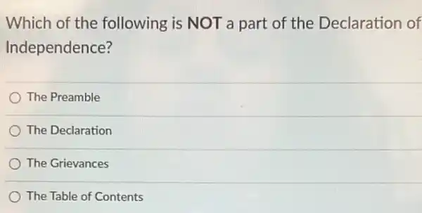 Which of the following is NOT a part of the Declaration of
Independence?
The Preamble
The Declaration
The Grievances
The Table of Contents