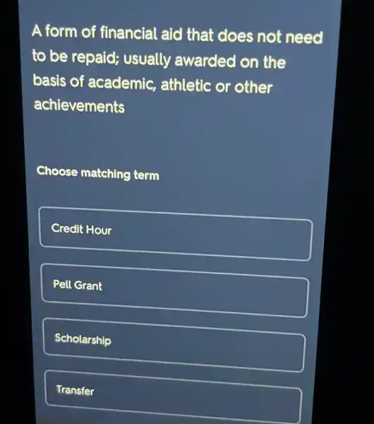 A form of financial aid that does not need
to be repaid;usually awarded on the
basis of academic , athletic or other
achievements
Choose matching term
Credit Hour
Pell Grant
Scholarship
Transfer