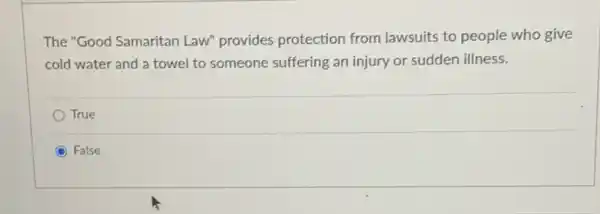 The "Good Samaritan Law" provides protection from lawsuits to people who give
towel to someone suffering an injury or sudden illness.
True
C False