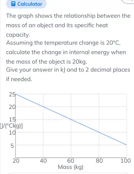 The graph shows the relationship between the
mass of an object and its specific heat
capacity.
Assuming the temperatu re change is 20^circ C
calculate the change in internal energy when
the mass of the object is 20kg.
Give your answer in kJ and to 2 decimal places
if needed.
square 
square 
square 
square 
square 
square 
square 
square 
square 
square 
square