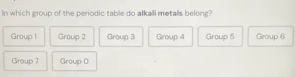 In which group of the periodic table do alkali metals belong?
Group 1
Group 2
Group 3
Group 4
Group 5
Group 6
Group 7
Group O