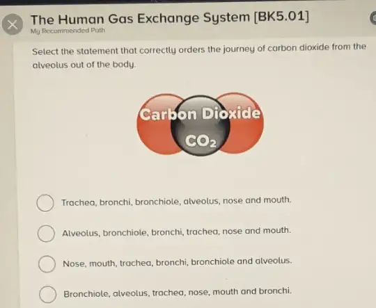 The Human Gas Exchange System [BK 5.01]
My Recommended Path
Select the statement that correctly orders the journey of carbon dioxide from the
alveolus out of the body.
Trachea, bronchi, bronchiole, alveolus nose and mouth.
Alweolus, bronchiole, bronchi, trocheo nose and mouth.
Nose, mouth, trachea, bronchi bronchiole and alveolus.
Bronchiole, alveolus, trachea, nose mouth and bronchi.